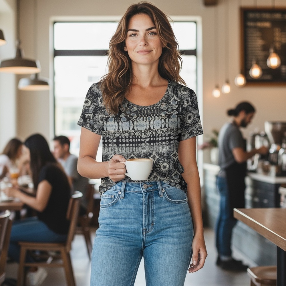 Lucky Brand Tan and Black Patterned Tee